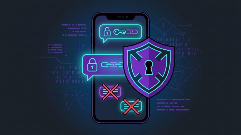 A smartphone displaying encrypted messaging and security shields with digital code running in the background, representing the fight against Chat Control 2.0 mass surveillance.