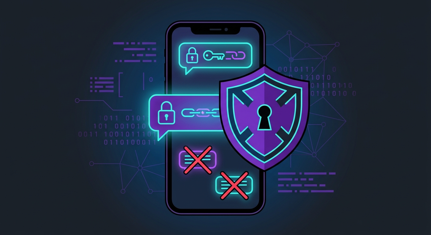 A smartphone displaying encrypted messaging and security shields with digital code running in the background, representing the fight against Chat Control 2.0 mass surveillance.